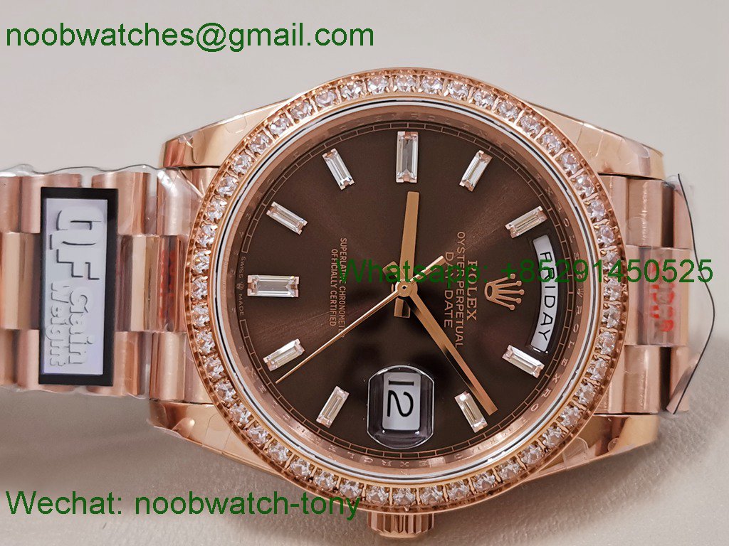 Replica Rolex DayDate 40 Rose Gold QF SuperCLone Brown Dial Diamond Bezel V5 Gain Weight Heavy