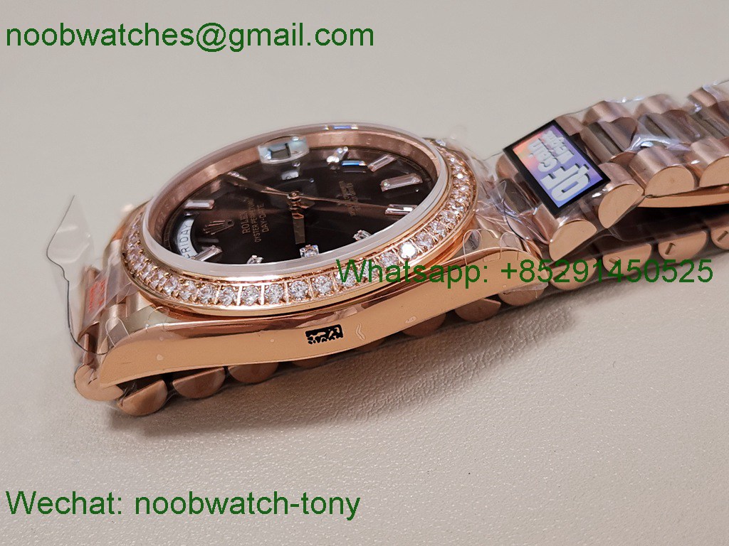 Replica Rolex DayDate 40 Rose Gold QF SuperCLone Brown Dial Diamond Bezel V5 Gain Weight Heavy