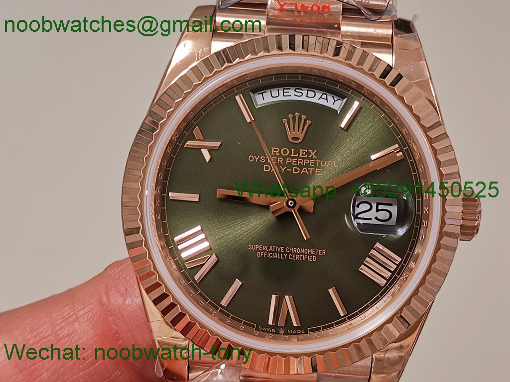 Replica Rolex DayDate 40mm Rose Gold QF SuperClone Green Roman Dial President A2836 V5 Gain Weight