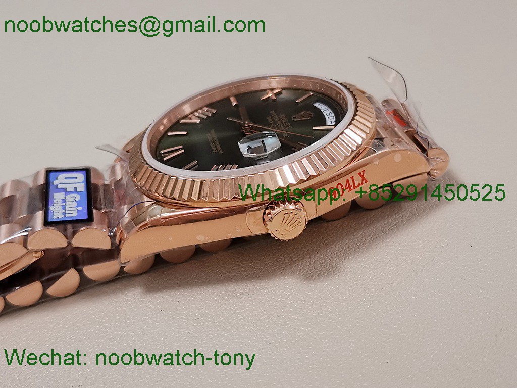 Replica Rolex DayDate 40mm Rose Gold QF SuperClone Green Roman Dial President A2836 V5 Gain Weight