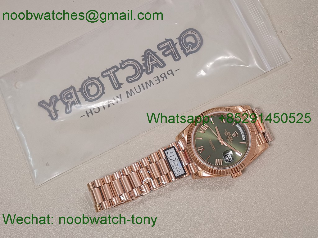 Replica Rolex DayDate 40mm Rose Gold QF SuperClone Green Roman Dial President A2836 V5 Gain Weight