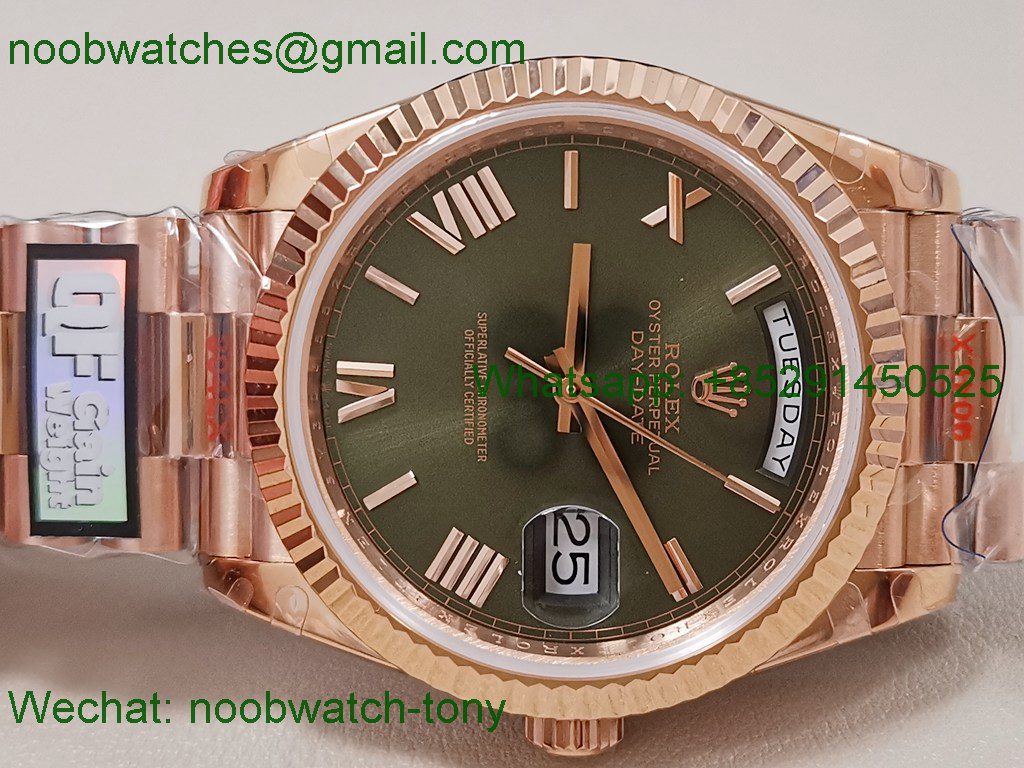 Replica Rolex DayDate 40mm Rose Gold QF SuperClone Green Roman Dial President A2836 V5 Gain Weight