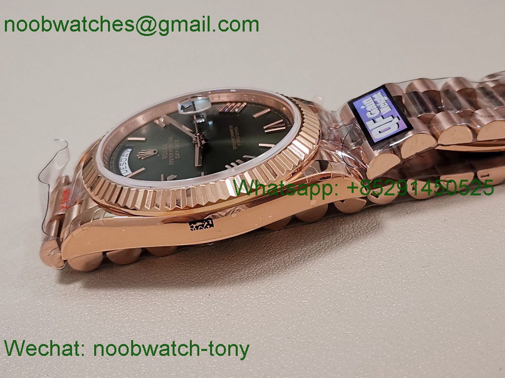 Replica Rolex DayDate 40mm Rose Gold QF SuperClone Green Roman Dial President A2836 V5 Gain Weight