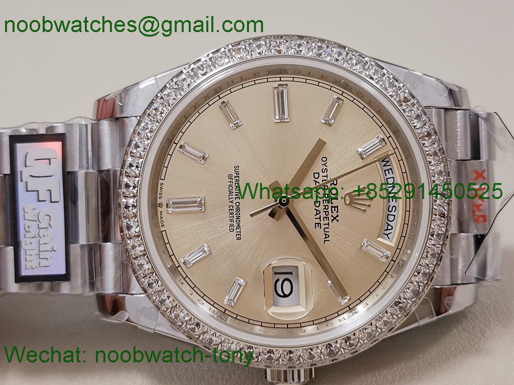 Replica Rolex DayDate 40mm QF SuperClone Silver Diamond Dial Bezel A2836 V5 Gain Weight