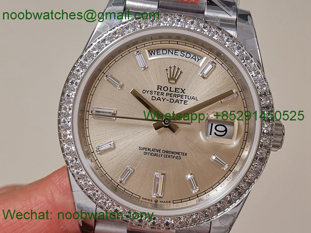 Replica Rolex DayDate 40mm QF SuperClone Silver Diamond Dial Bezel A2836 V5 Gain Weight