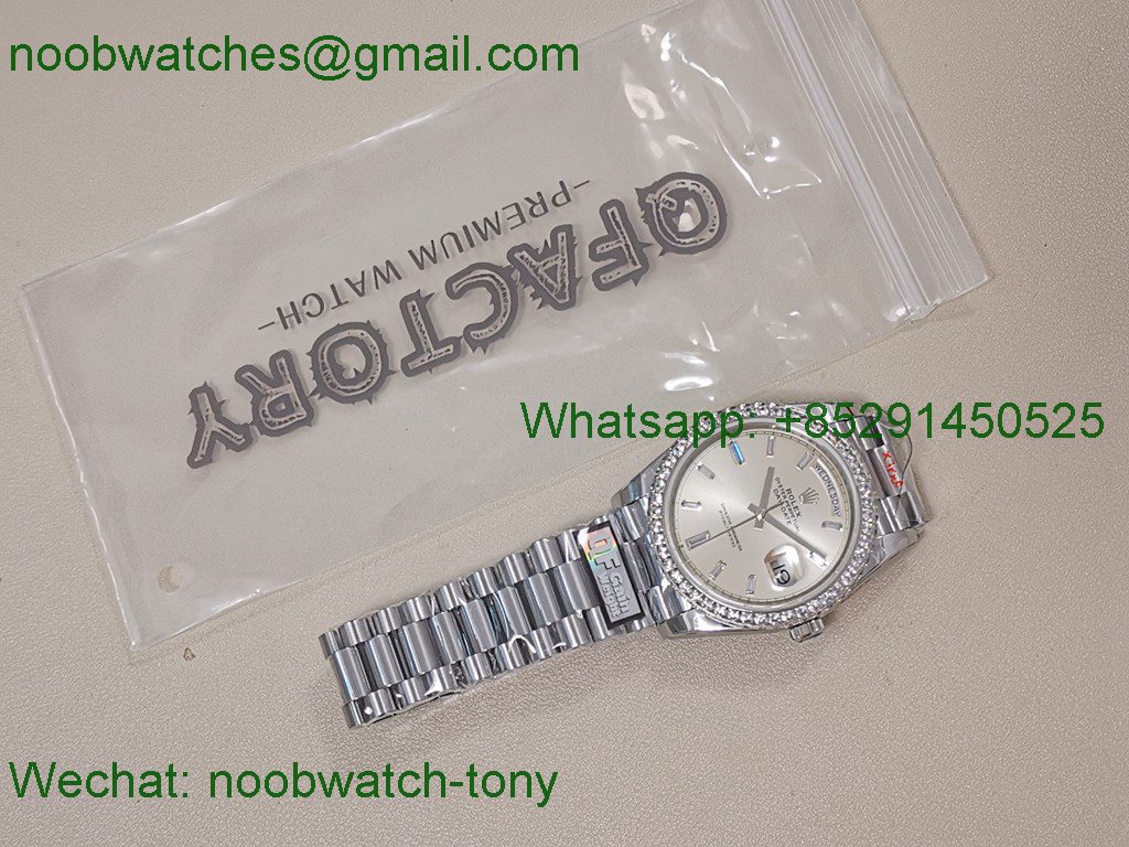 Replica Rolex DayDate 40mm QF SuperClone Silver Diamond Dial Bezel A2836 V5 Gain Weight