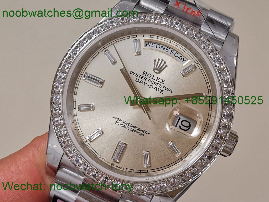 Replica Rolex DayDate 40mm QF SuperClone Silver Diamond Dial Bezel A2836 V5 Gain Weight
