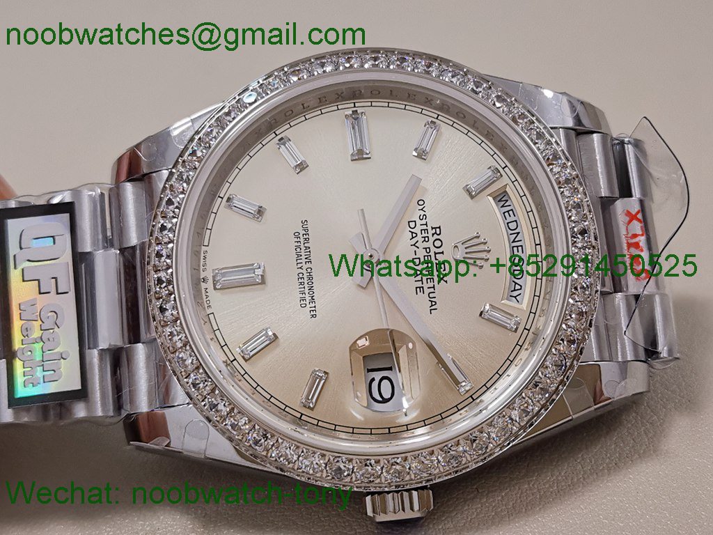 Replica Rolex DayDate 40mm QF SuperClone Silver Diamond Dial Bezel A2836 V5 Gain Weight