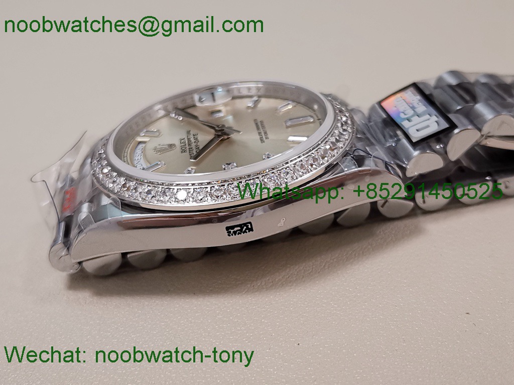 Replica Rolex DayDate 40mm QF SuperClone Silver Diamond Dial Bezel A2836 V5 Gain Weight