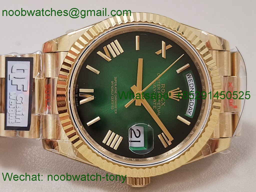 Replica Rolex DayDate 40 Yellow Gold QF SuperClone Green Black Dial President A2836 V5 Gain Weight