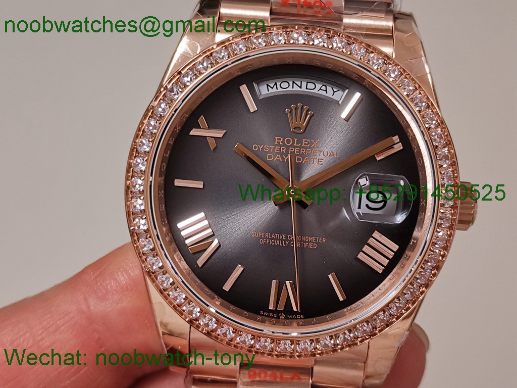 Replica Rolex DayDate 40 Rose Gold QF Best Slate Ombre Dial Diamond Bezel V5 Gain Weight Heavy