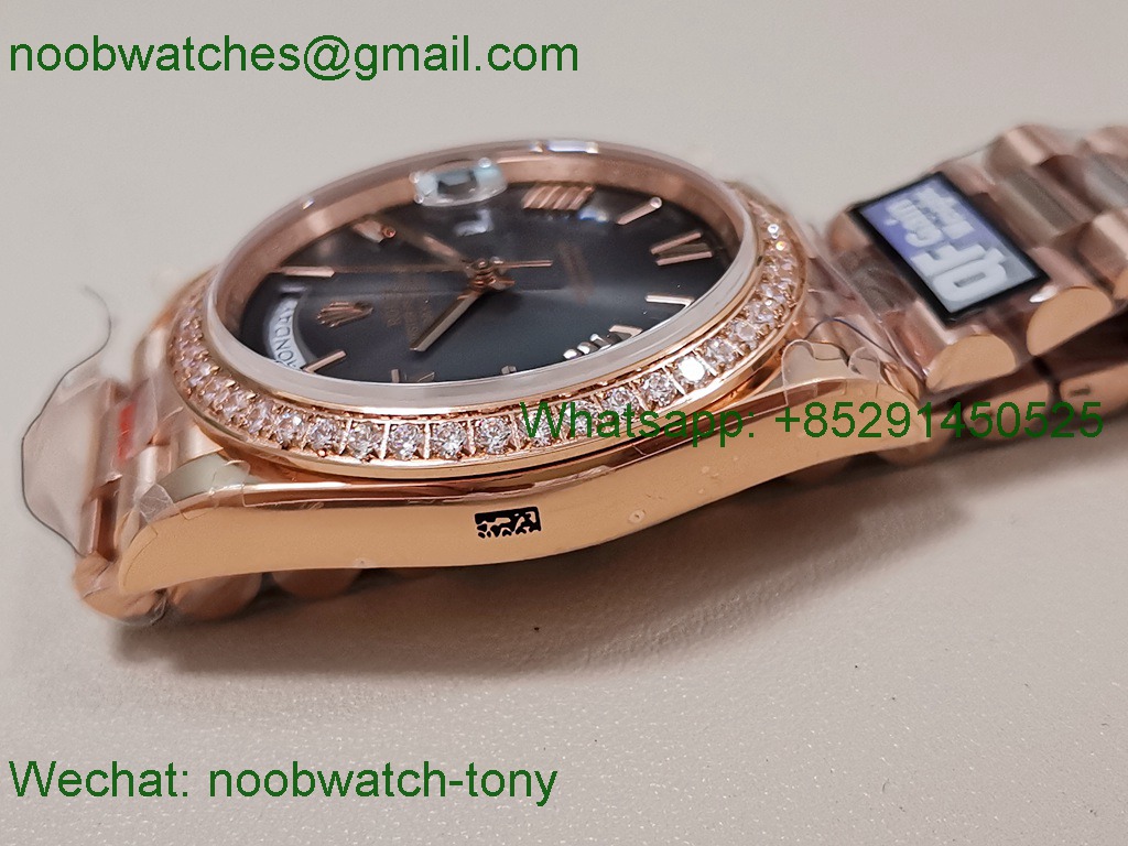 Replica Rolex DayDate 40 Rose Gold QF Best Slate Ombre Dial Diamond Bezel V5 Gain Weight Heavy