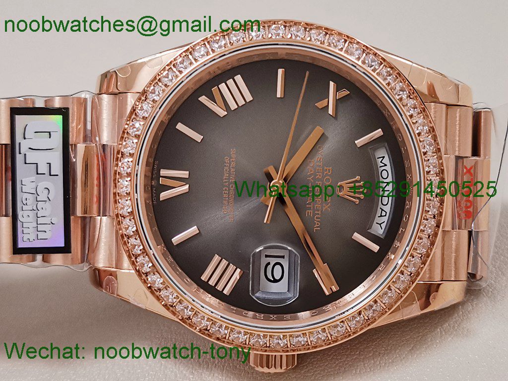 Replica Rolex DayDate 40 Rose Gold QF Best Slate Ombre Dial Diamond Bezel V5 Gain Weight Heavy