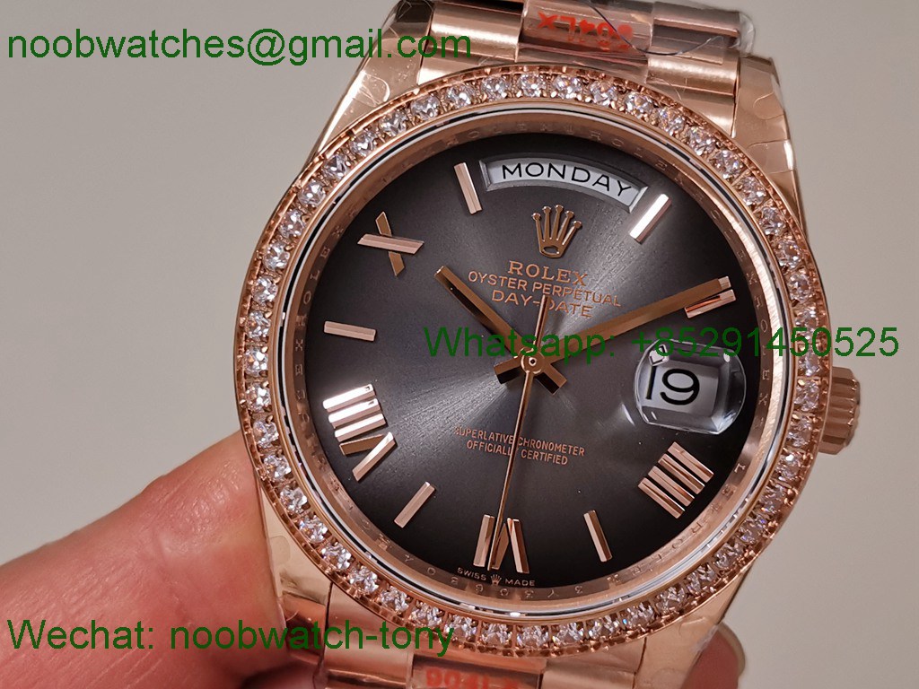 Replica Rolex DayDate 40 Rose Gold QF Best Slate Ombre Dial Diamond Bezel V5 Gain Weight Heavy