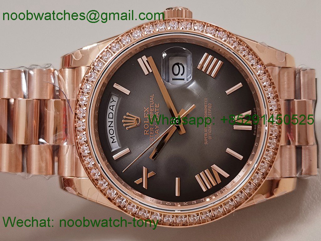 Replica Rolex DayDate 40 Rose Gold QF Best Slate Ombre Dial Diamond Bezel V5 Gain Weight Heavy