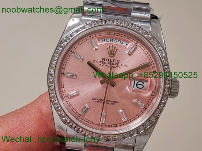 Replica Rolex DayDate 36mm Pink Dial Diamond Bezel QF SuperClone VR3255 V5 Gain Weight