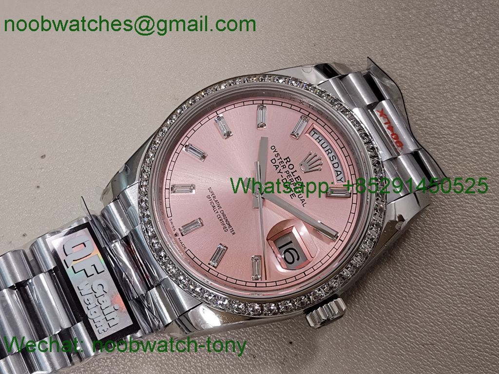Replica Rolex DayDate 36mm Pink Dial Diamond Bezel QF SuperClone VR3255 V5 Gain Weight