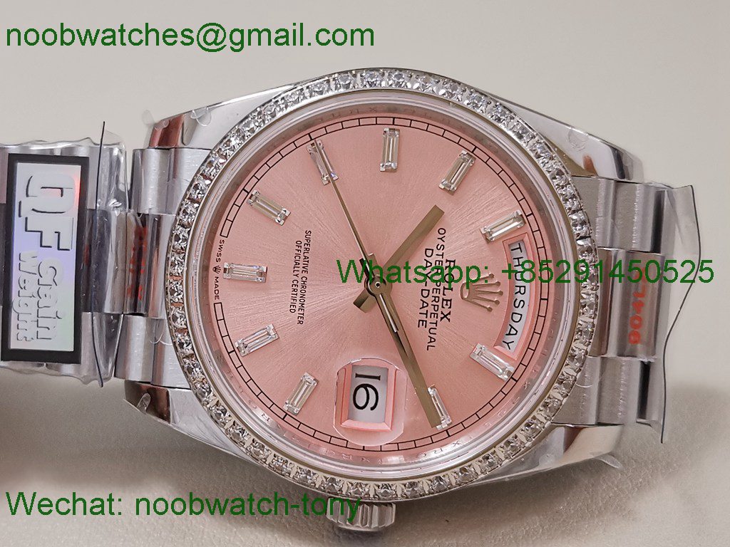 Replica Rolex DayDate 36mm Pink Dial Diamond Bezel QF SuperClone VR3255 V5 Gain Weight