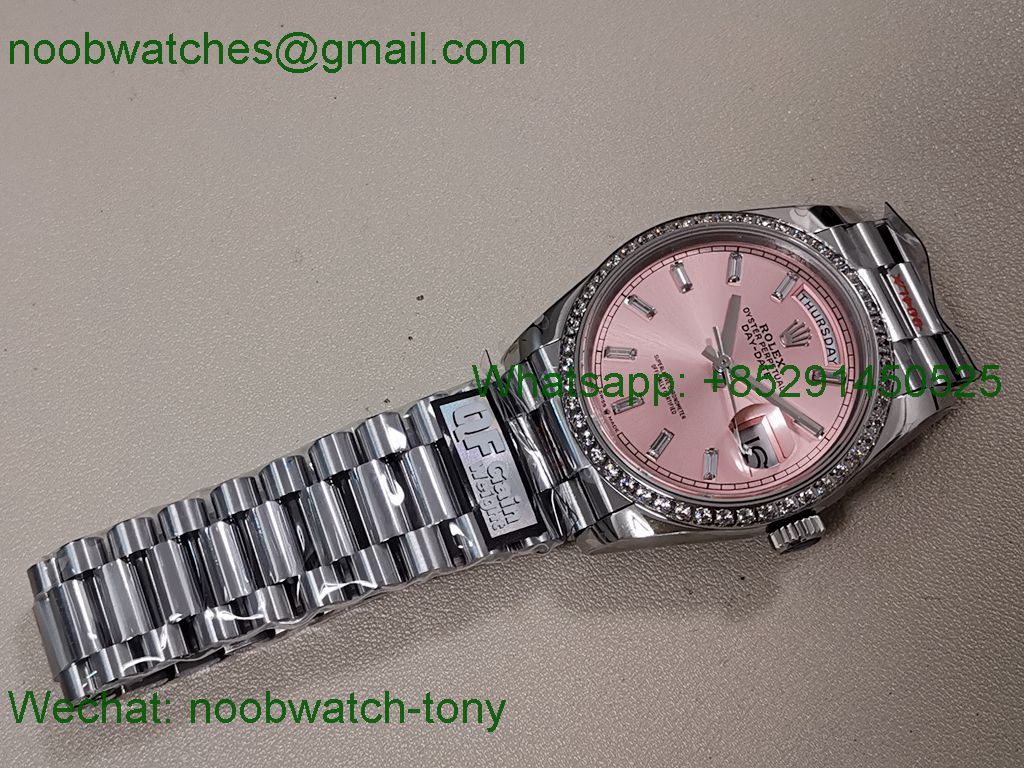 Replica Rolex DayDate 36mm Pink Dial Diamond Bezel QF SuperClone VR3255 V5 Gain Weight