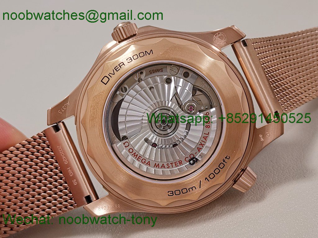 Replica OMEGA Seamaster 300M Diver Rose Gold VSF 1:1 Best SuperCLone Black Dial Red Bezel A8806