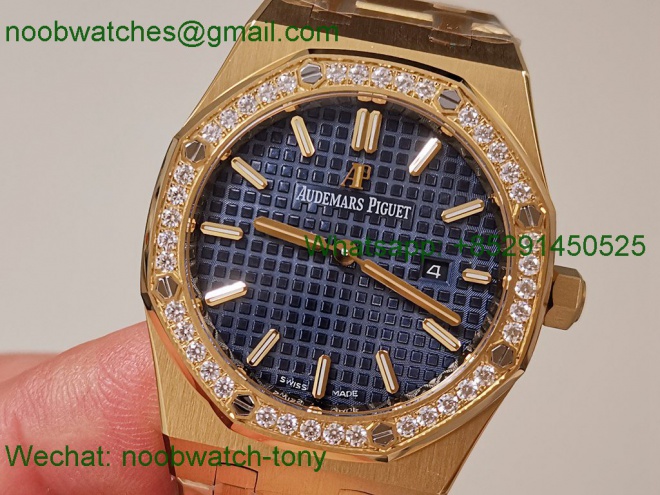Replica Audemars Piguet AP Lady Royal Oak 33mm Yellow Gold ZF 1:1 Best Blue Dial Diamonds ETA Quartz