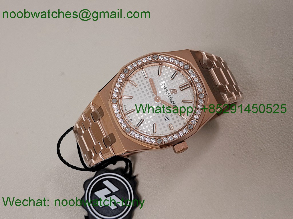 Replica Audemars Piguet AP Lady Royal Oak 33mm Rose Gold ZF 1:1 Best White Dial Diamonds ETA Quartz