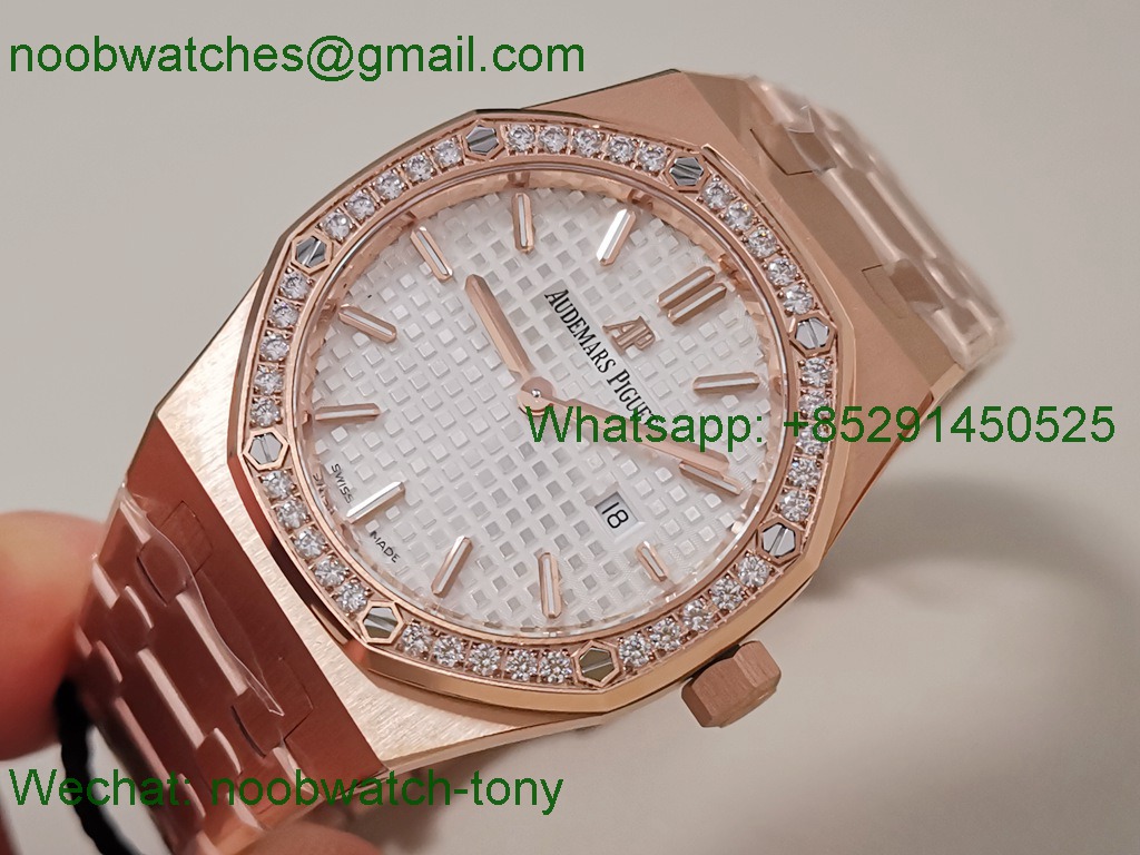 Replica Audemars Piguet AP Lady Royal Oak 33mm Rose Gold ZF 1:1 Best White Dial Diamonds ETA Quartz