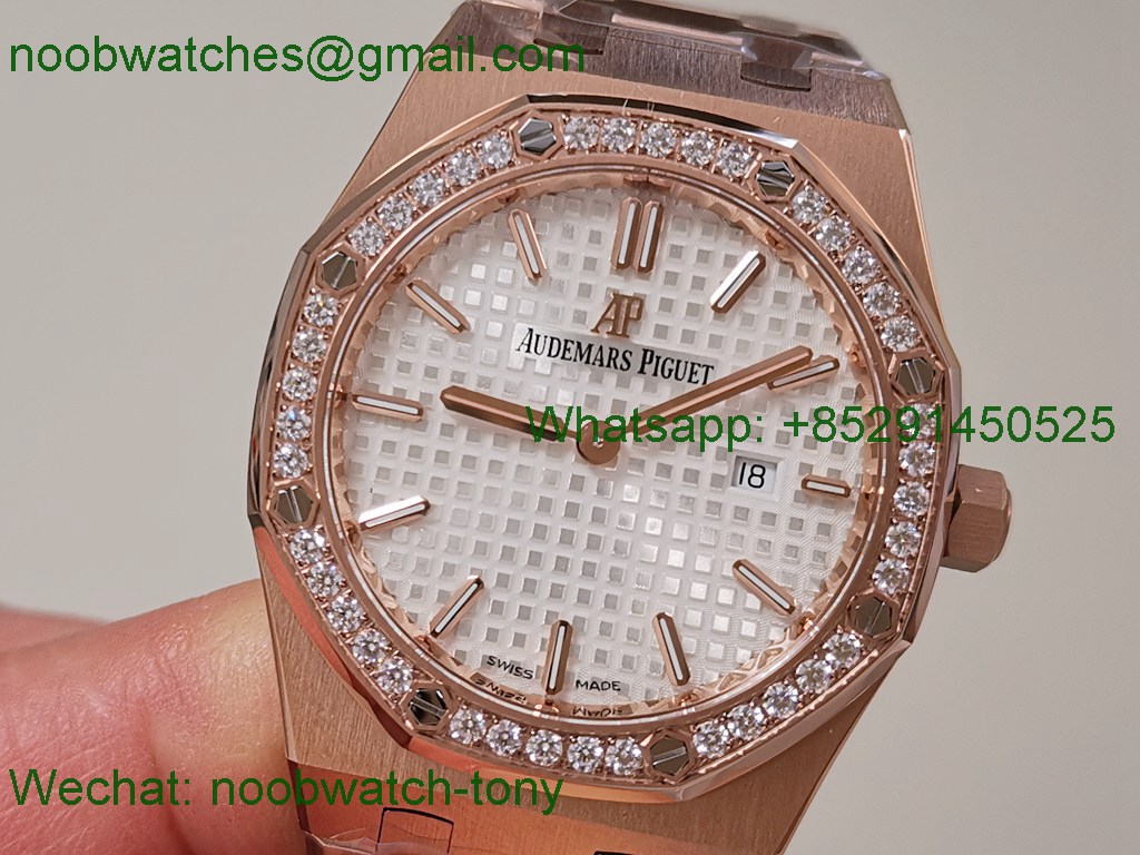 Replica Audemars Piguet AP Lady Royal Oak 33mm Rose Gold ZF 1:1 Best White Dial Diamonds ETA Quartz