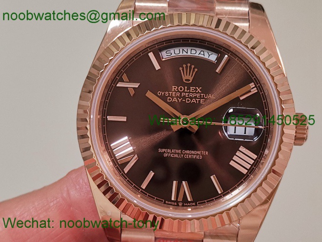 Replica Rolex DayDate 40mm Rose Gold QF SuperClone Brown Roman Dial President A2836 V5 Gain Weight V5