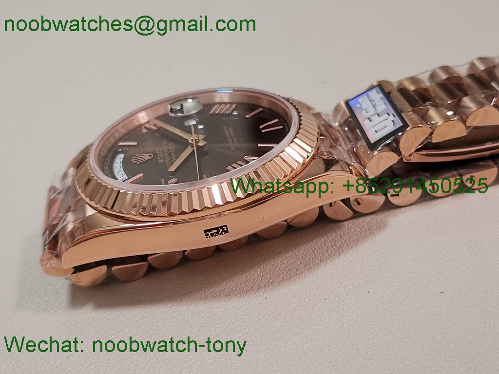 Replica Rolex DayDate 40mm Rose Gold QF SuperClone Brown Roman Dial President A2836 V5 Gain Weight V5