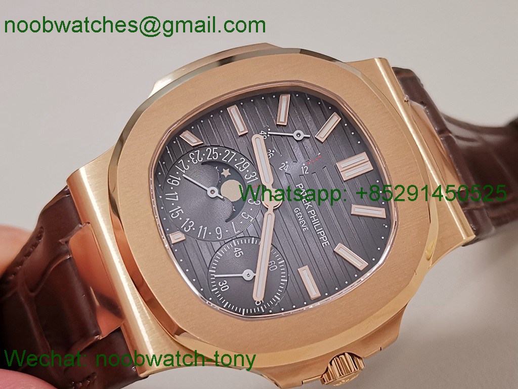 Replica Patek Philippe Nautilus MoonPhase 5712 Rose Gold SuperCLone Grey Dial Leather PPF V2
