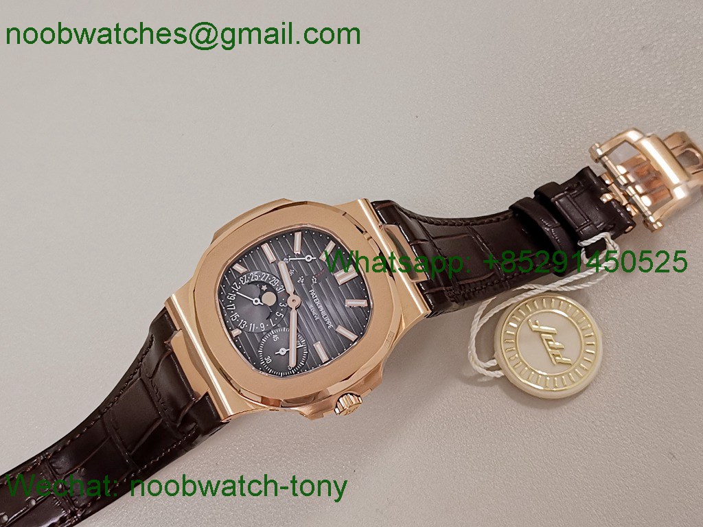 Replica Patek Philippe Nautilus MoonPhase 5712 Rose Gold SuperCLone Grey Dial Leather PPF V2