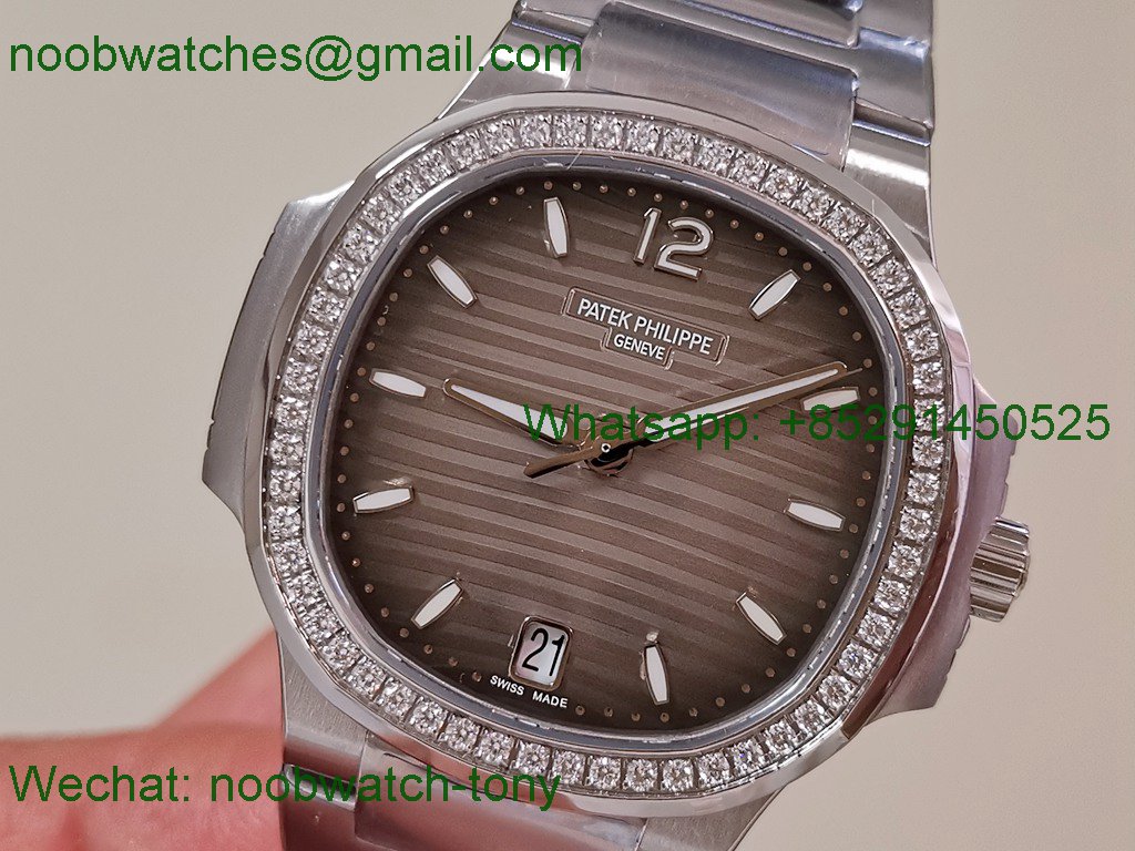 Replica Patek Philippe Nautilus 7118 Ladies Diamonds PPF SuperClone Best Gray Dial on SS Bracelet A324