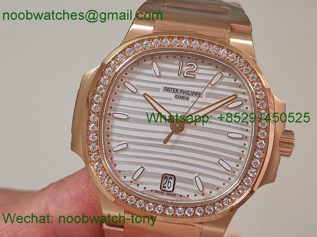 Replica Patek Philippe Nautilus 7118 Ladies Diamonds Bezel Rose Gold PPF 1:1 Best SuperClone White Dial A324 