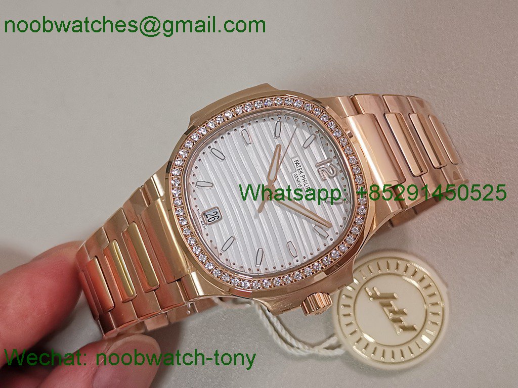 Replica Patek Philippe Nautilus 7118 Ladies Diamonds Bezel Rose Gold PPF 1:1 Best SuperClone White Dial A324 