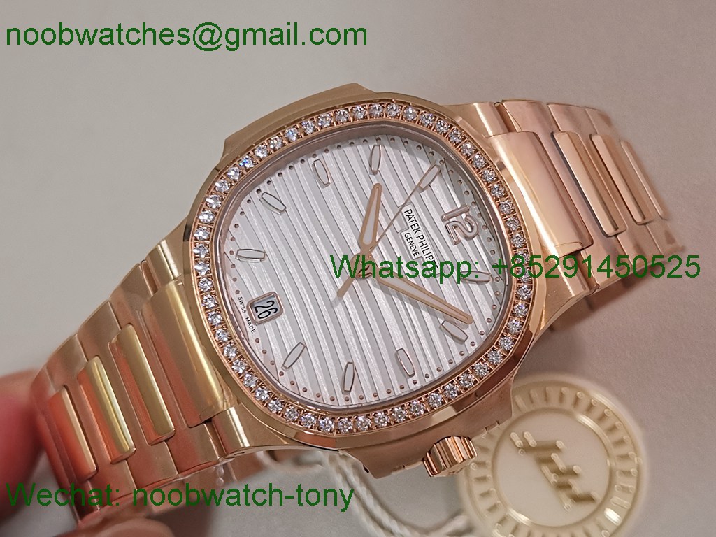 Replica Patek Philippe Nautilus 7118 Ladies Diamonds Bezel Rose Gold PPF 1:1 Best SuperClone White Dial A324 