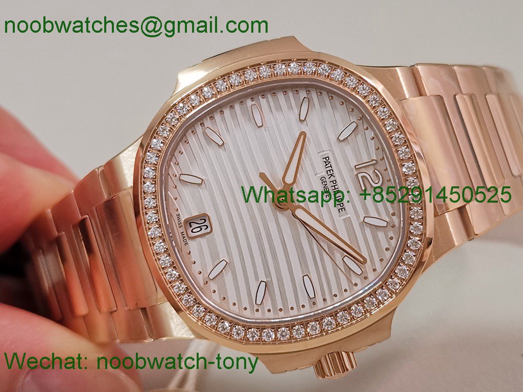 Replica Patek Philippe Nautilus 7118 Ladies Diamonds Bezel Rose Gold PPF 1:1 Best SuperClone White Dial A324 