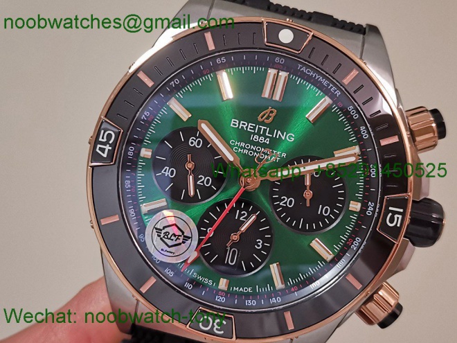 Replica Breitling Chronomat 2tone Rose Gold Green Dial black Ceramic BLS SuperClone Best