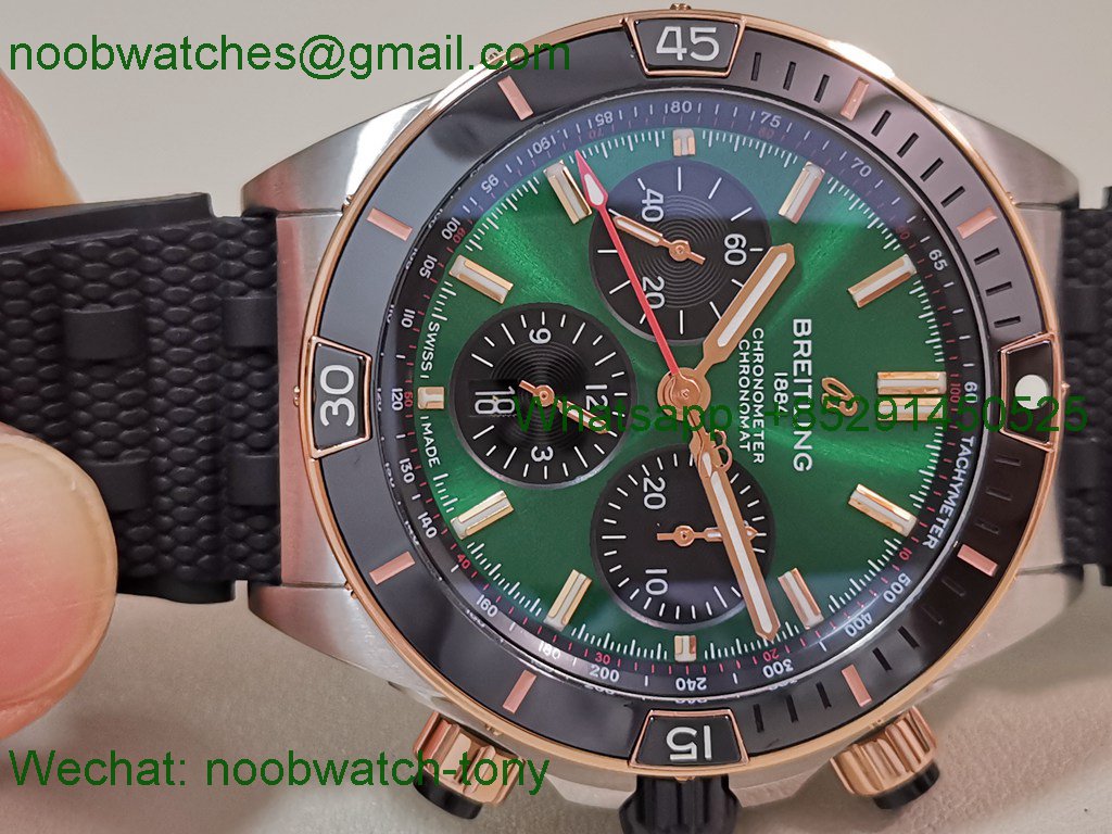 Replica Breitling Chronomat 2tone Rose Gold Green Dial black Ceramic BLS SuperClone Best