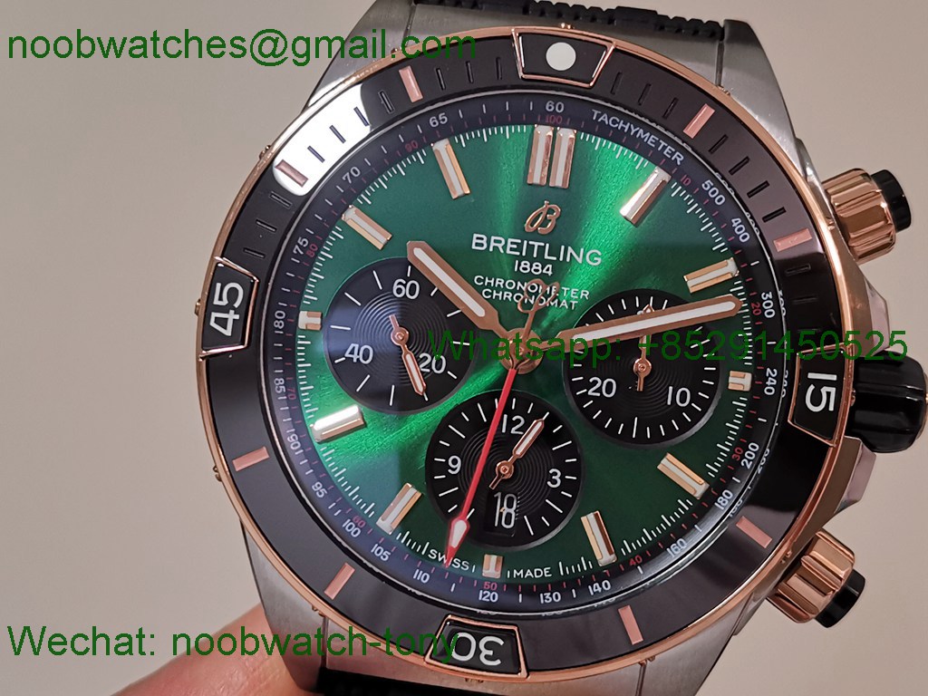 Replica Breitling Chronomat 2tone Rose Gold Green Dial black Ceramic BLS SuperClone Best
