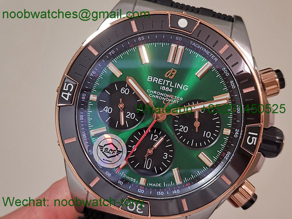 Replica Breitling Chronomat 2tone Rose Gold Green Dial black Ceramic BLS SuperClone Best