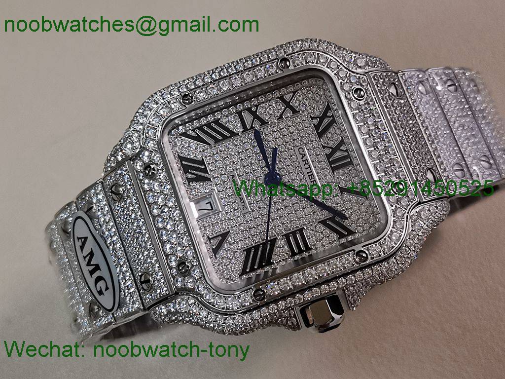 Replica Cartier Santos 40mm Mens XL Diamond Ice Out AMG Factory 8215