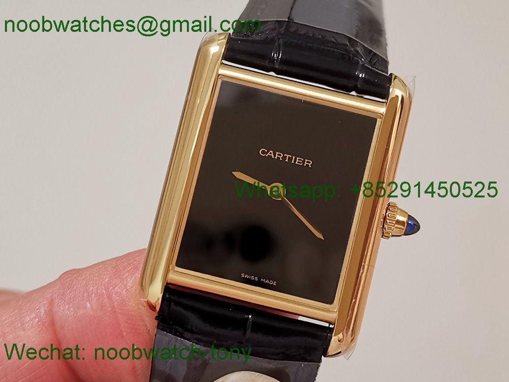 Replica Cartier Tank Louis Yellow Gold Black Dial on Leather AF Swiss Quartz