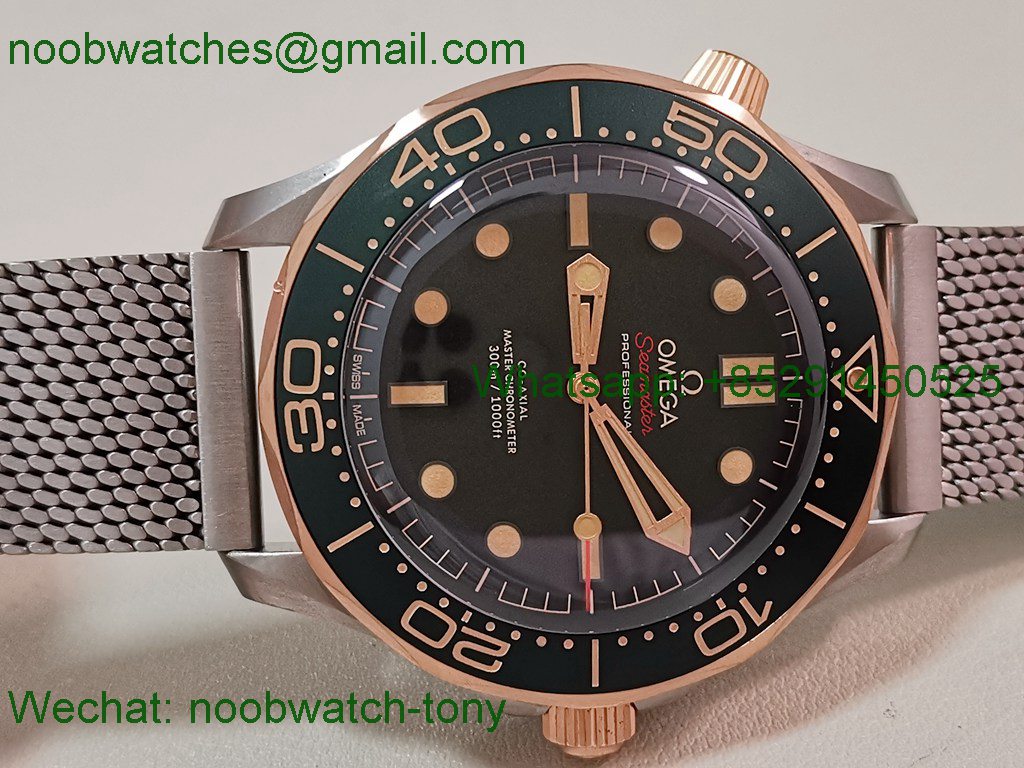 Replica OMEGA Seamaster 300M Diver Titanium Bronze Gold VSF 1:1 Best SuperClone Green Dial Mesh Bracelet 8806
