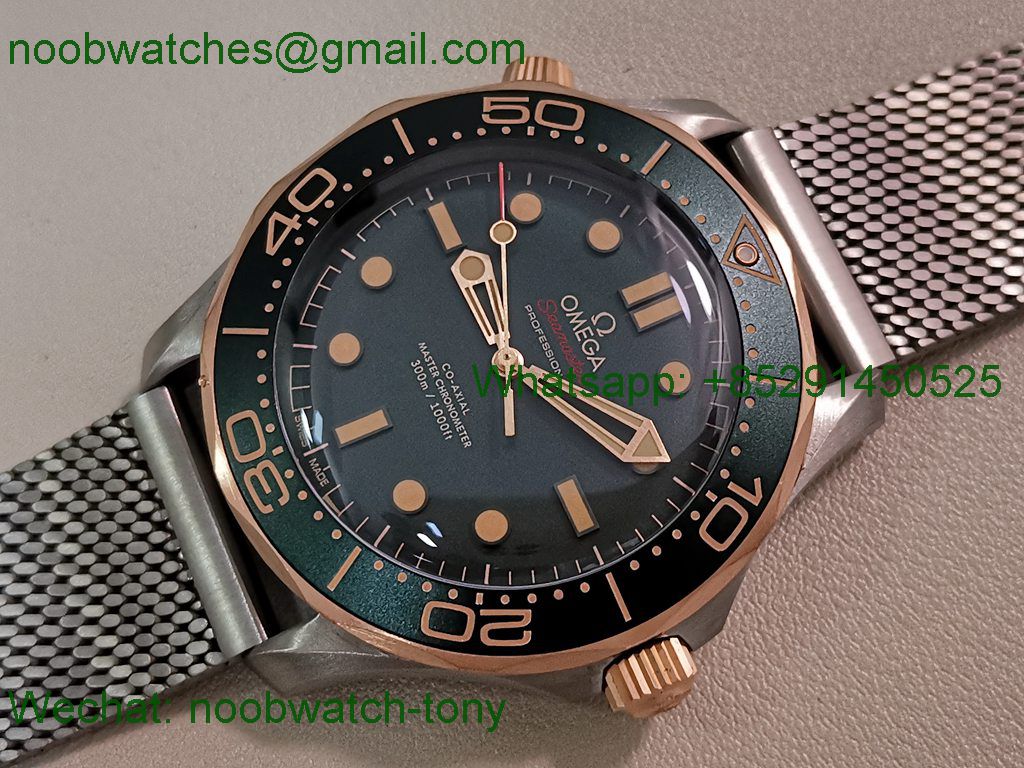 Replica OMEGA Seamaster 300M Diver Titanium Bronze Gold VSF 1:1 Best SuperClone Green Dial Mesh Bracelet 8806