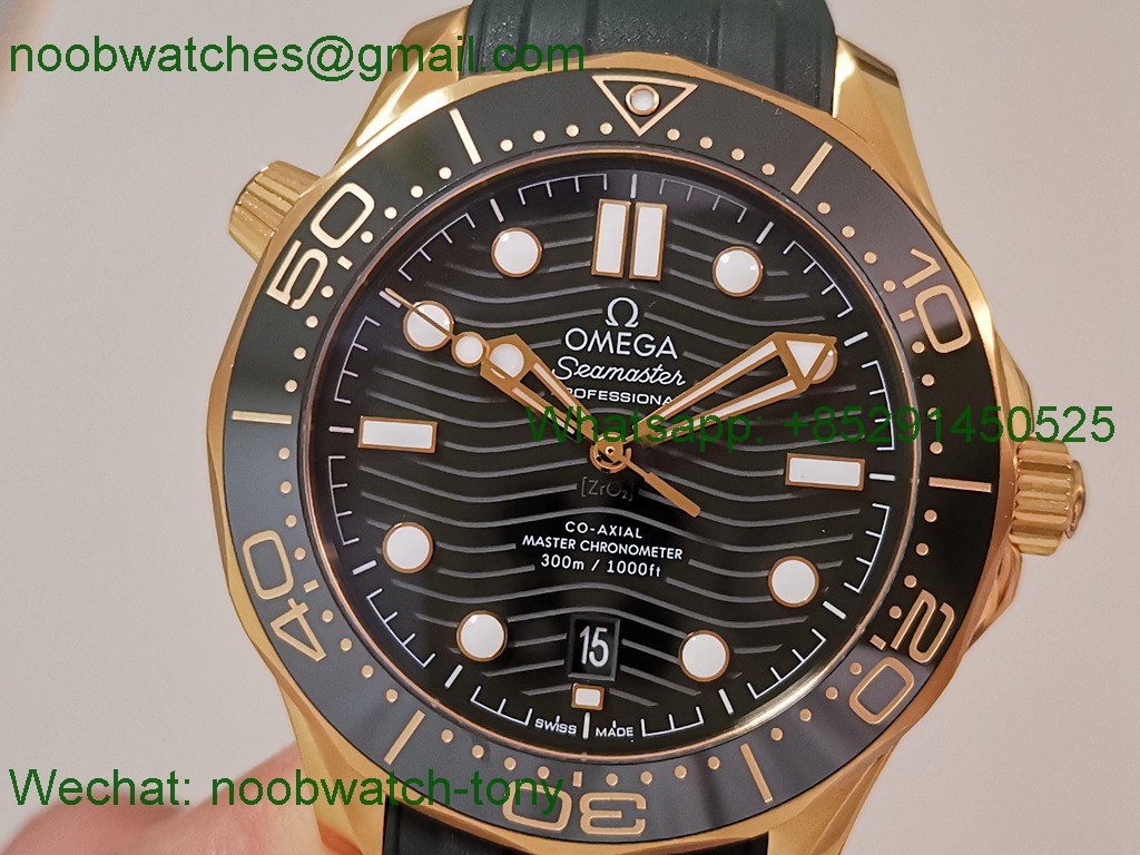 Replica OMEGA Seamaster Diver 300M Green Dial Yellow Gold VSF 1:1 Best SuperClone on Rubber 8801