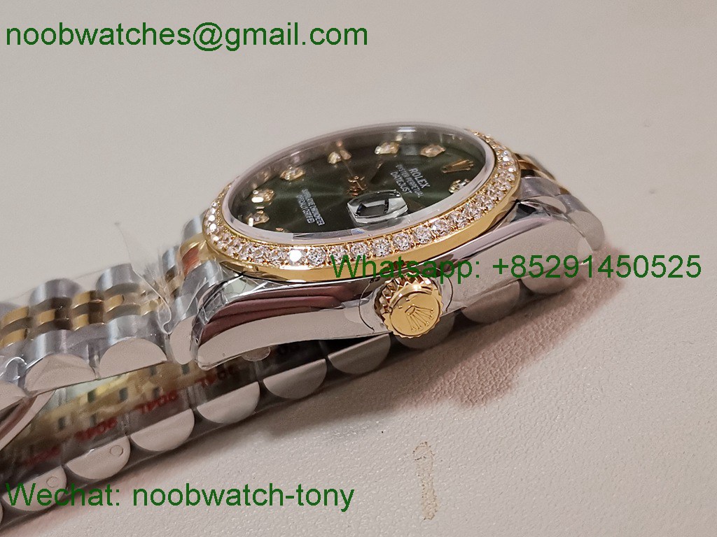 Replica Rolex DateJust 31mm Two Tone SS Yellow Gold TWF Best Green Dial Diamond Bezel A2824