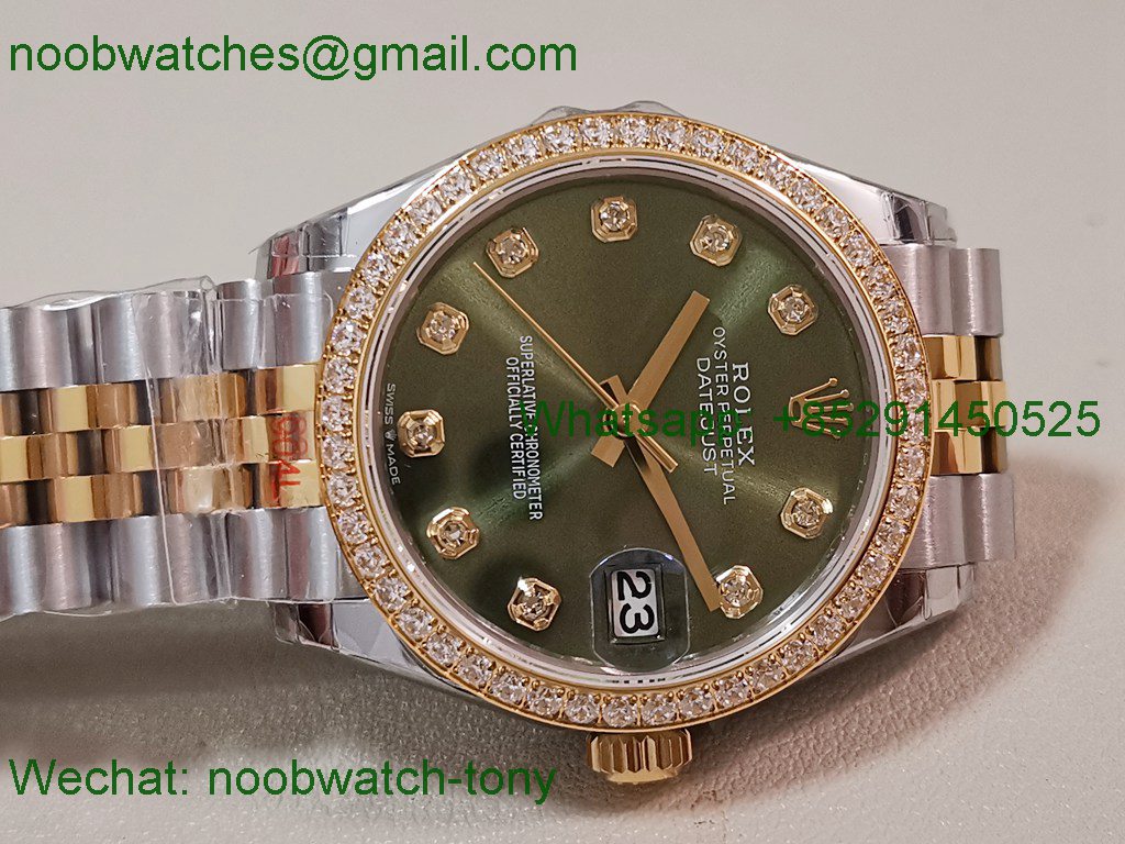 Replica Rolex DateJust 31mm Two Tone SS Yellow Gold TWF Best Green Dial Diamond Bezel A2824