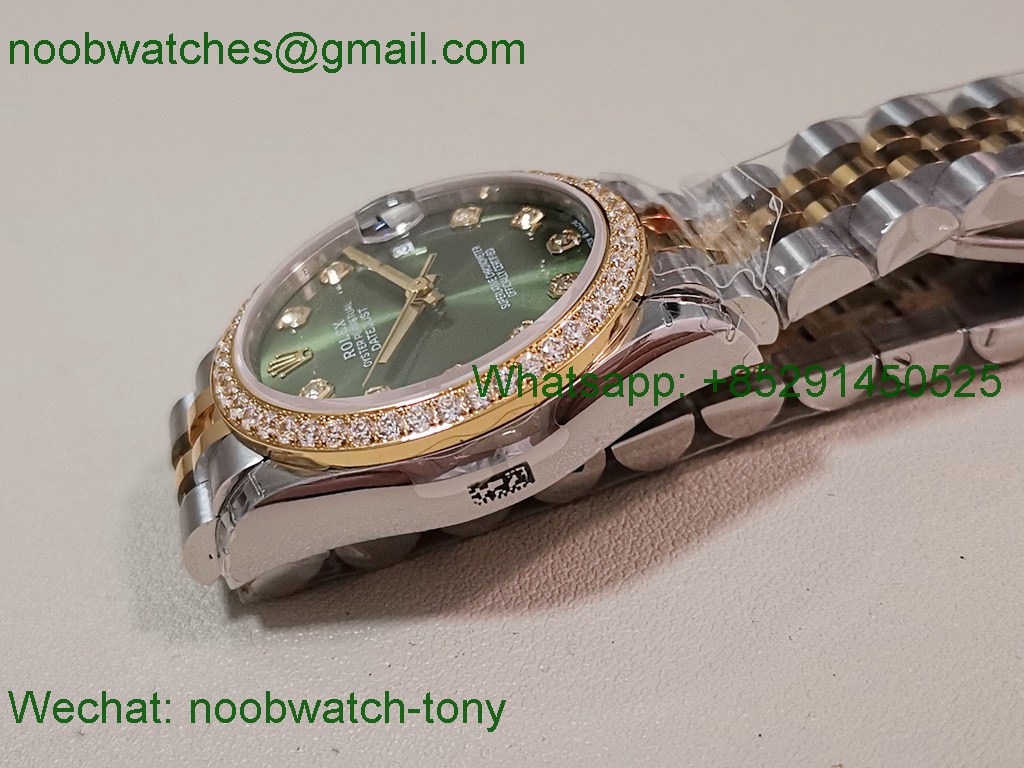 Replica Rolex DateJust 31mm Two Tone SS Yellow Gold TWF Best Green Dial Diamond Bezel A2824