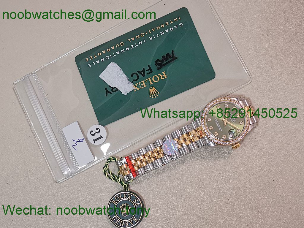 Replica Rolex DateJust 31mm Two Tone SS Yellow Gold TWF Best Green Dial Diamond Bezel A2824